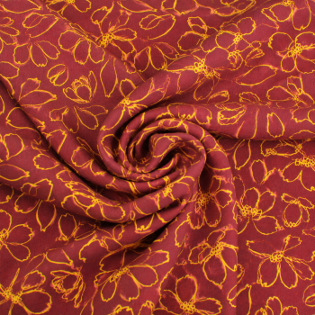 Viskose-Webware Blumenkontur Bordeaux-Senfgelb